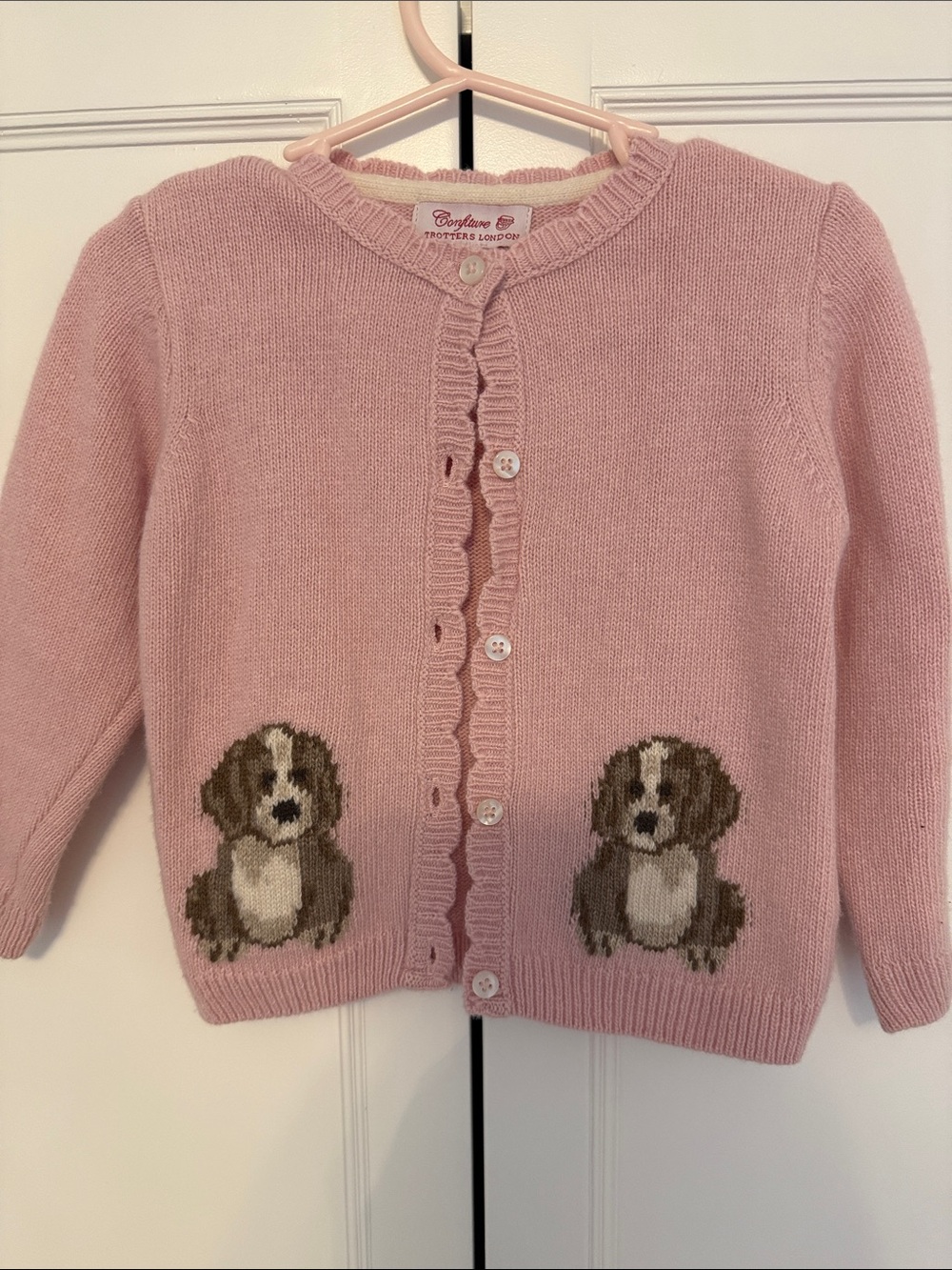 LIKE NEW Pink Wool / Cashmere Cardigan with Puppy Intarsia (Trotters 18/24 Mo)